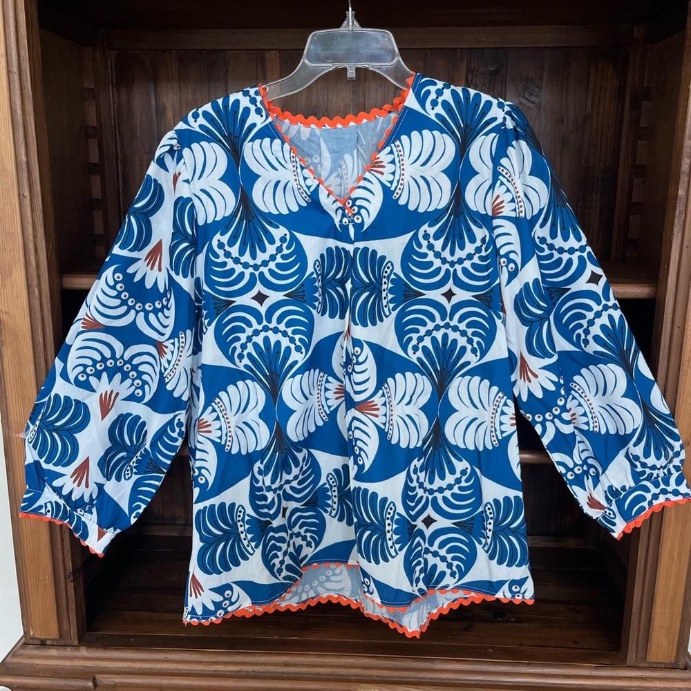 Mint Blue and White Patterned Blouse